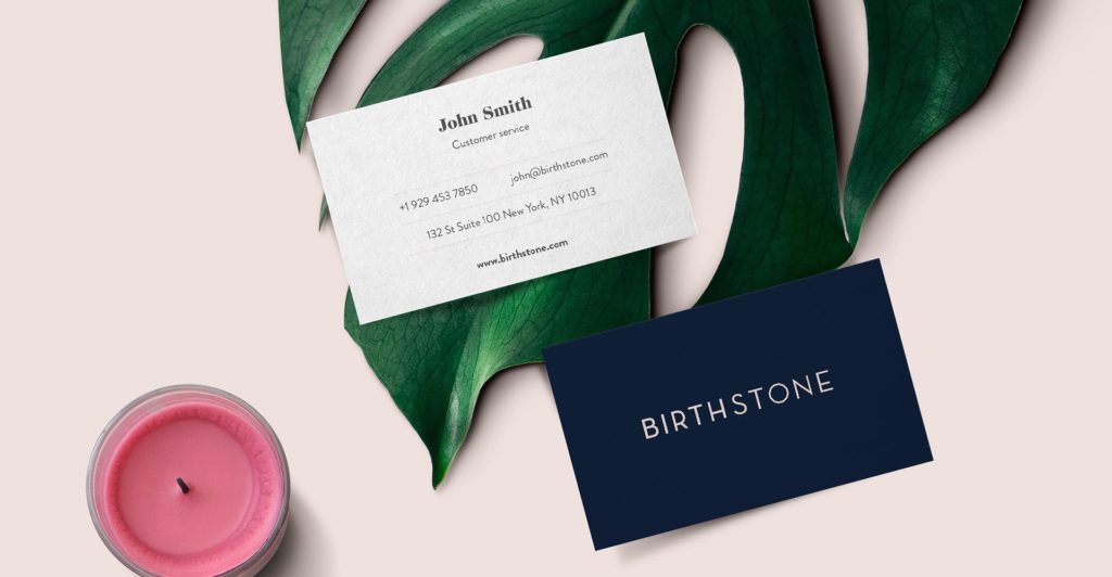 eCommerce website Birthstone visual identity development branded collateral design, Birthstone business card design