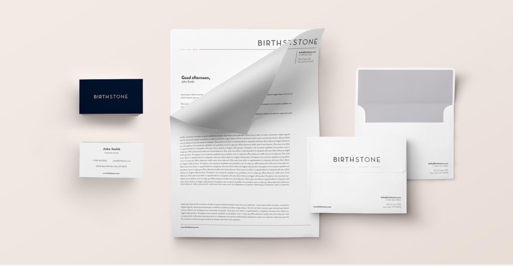 eCommerce website Birthstone visual identity development branded collateral design, Birthstone letterhead