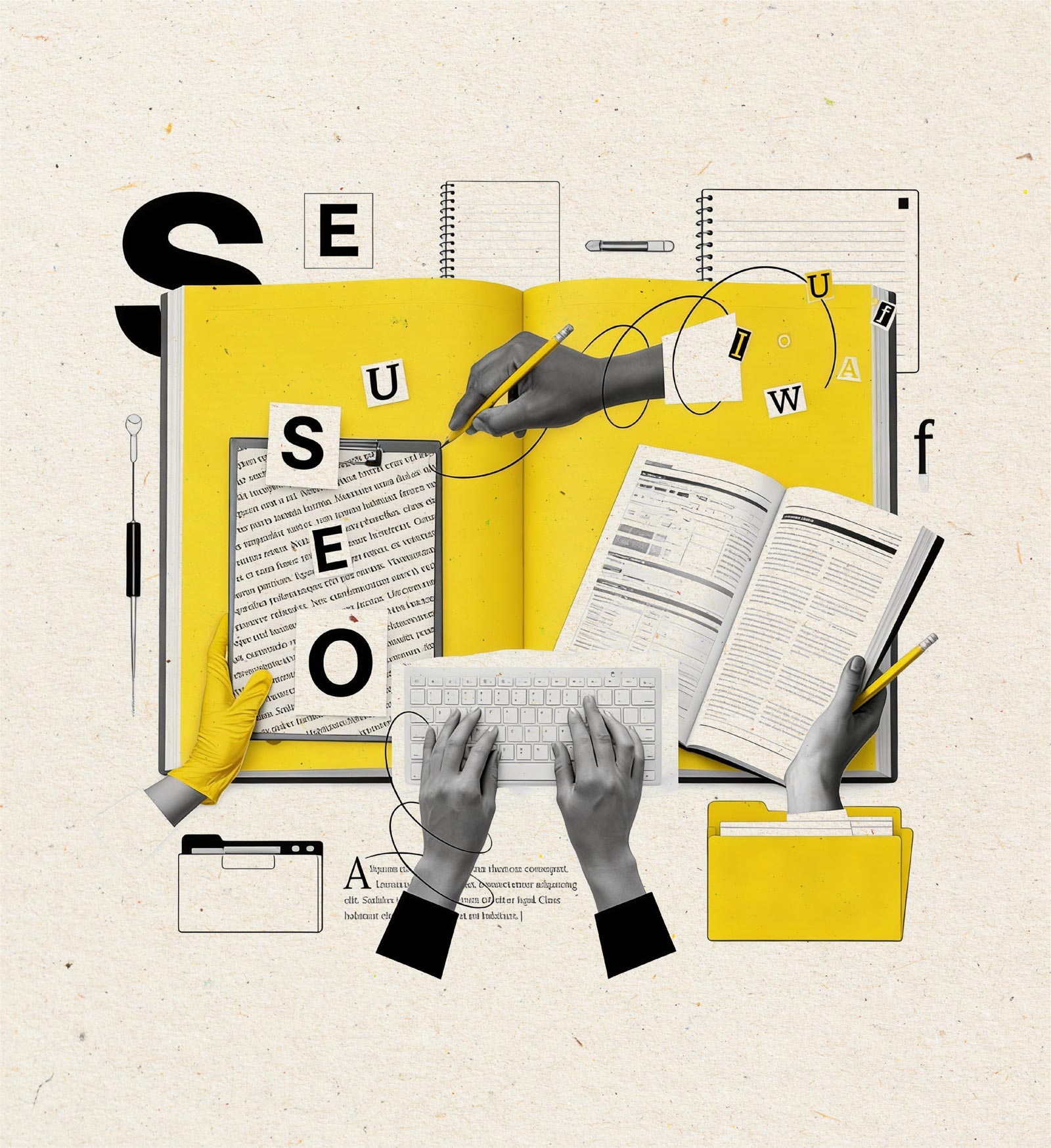 Hands typing on a keyboard next to a book with SEO notes, illustrating SEO guide in 2026
